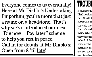 Newpaper ad: Mr Diablo's Undertaking Emporium